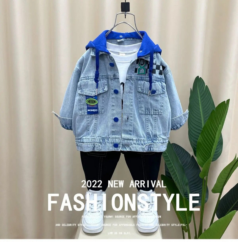 Kevadine ja sügisene laste teksajakk Uus print Poiste Kapuutsiga jakk Teksad Laste vabaaja mantel Riided 2 4 6 8 9Y