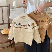 2023. aasta sügisene tüdrukute tikitud pullover kampsun Moodne lasteriietus Talvine uus plisseeritud servaga laste lilleline soe kootud topp