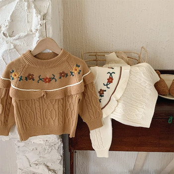 Есен 2023 г. Бродиран пуловер за момичета Модно детско облекло Зимно ново детско топло плетено горнище с плисирани ръбове
