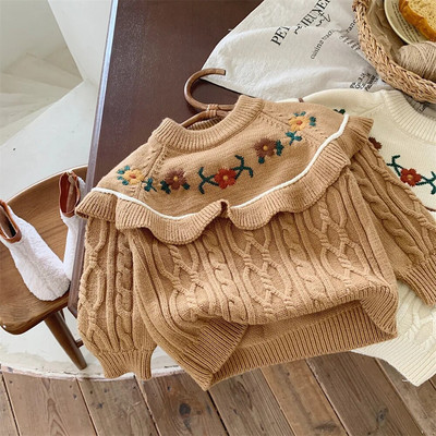 2023. aasta sügisene tüdrukute tikitud pullover kampsun Moodne lasteriietus Talvine uus plisseeritud servaga laste lilleline soe kootud topp