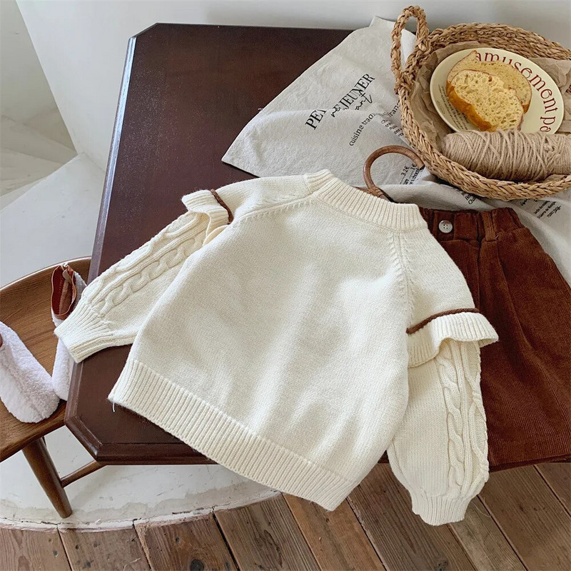 2023. aasta sügisene tüdrukute tikitud pullover kampsun Moodne lasteriietus Talvine uus plisseeritud servaga laste lilleline soe kootud topp