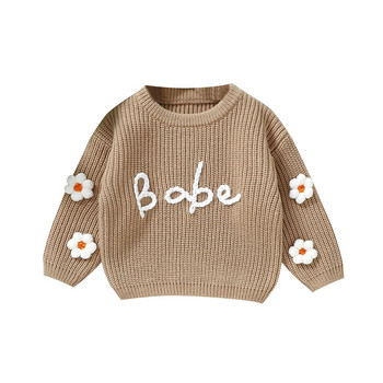 Зимен бебешки трикотаж, ръчно изработен бродиран плетен горнище с кръгло деколте и дълъг ръкав, сладък пуловер за деца