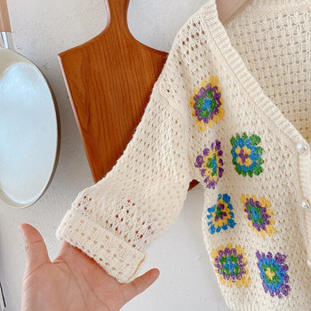 2023 Пролетна модна за момичета плетена жилетка с цветя Бебешки детски детски пуловер за плетене