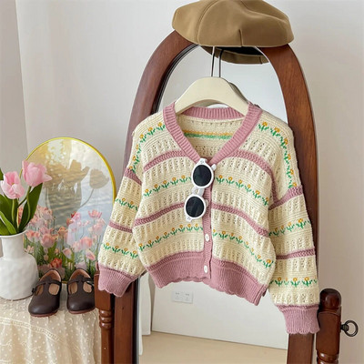 Roztomilé dievčenské kardigany, kabáty, jeseň/zima, móda pre deti, pletený pruhovaný sveter, kardigan, topy, detské oblečenie, vrchné oblečenie, 1-8 rokov