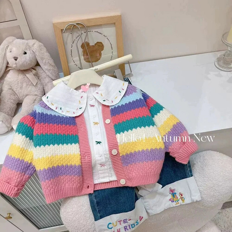 Roztomilé dievčenské kardigany, kabáty, jeseň/zima, móda pre deti, pletený pruhovaný sveter, kardigan, topy, detské oblečenie, vrchné oblečenie, 1-8 rokov