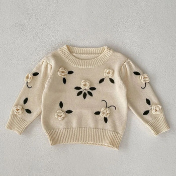 Sweet Baby Girls Sweaters Autumn Kids Baby Girls Μακρυμάνικο κέντημα λουλουδιών Πλέξιμο πουλόβερ Παιδικά πουλόβερ