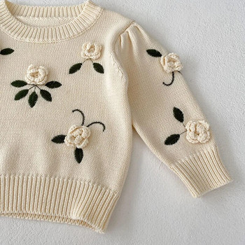 Сладки пуловери за бебета за момичета Есенни детски пуловери за момиченца с дълъг ръкав Пуловери за плетене с бродерия на цветя Детски пуловери