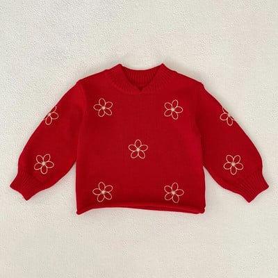 Sladké dievčenské svetre, jesenné detské dievčenské svetre s dlhým rukávom, kvetinovou výšivkou, pletené svetre pre deti