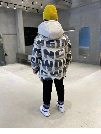 Κορεατικά παιδικά πάρκα για αγόρια Χειμερινά ζεστά παλτό Εφηβικής μόδας Παχύ μπουφάν με κουκούλα Επιστολή εκτύπωσης Παιδική στολή χιονιού εξωτερικού χώρου
