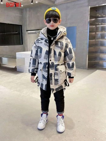 Корейски детски паркове за момчета, зимни топли палта, тийнейджърски модни удебелени якета с качулка, щампа с букви, детски снежен костюм на открито