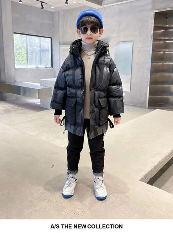 Κορεατικά παιδικά πάρκα για αγόρια Χειμερινά ζεστά παλτό Εφηβικής μόδας Παχύ μπουφάν με κουκούλα Επιστολή εκτύπωσης Παιδική στολή χιονιού εξωτερικού χώρου