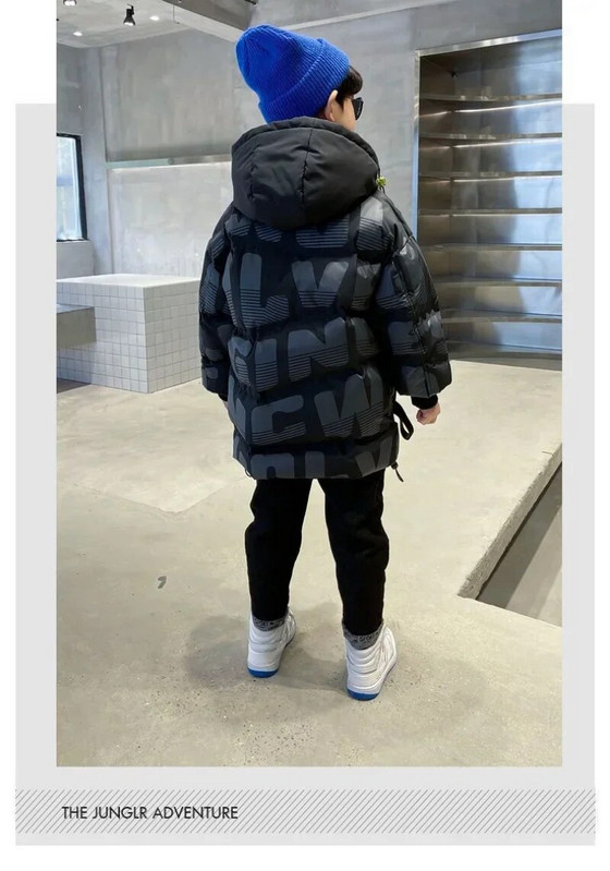 Parka coreeană pentru copii, băieți, iarnă, haine calde, moda pentru adolescenți, jachete cu glugă îngroșate, cu imprimeu cu litere, costum de zăpadă în aer liber pentru copii