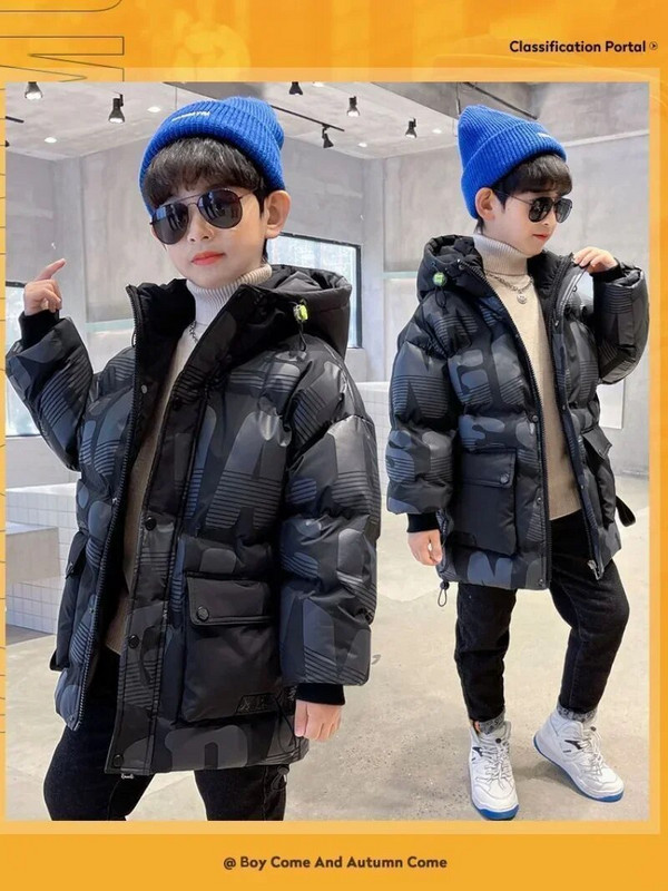 Parka coreeană pentru copii, băieți, iarnă, haine calde, moda pentru adolescenți, jachete cu glugă îngroșate, cu imprimeu cu litere, costum de zăpadă în aer liber pentru copii