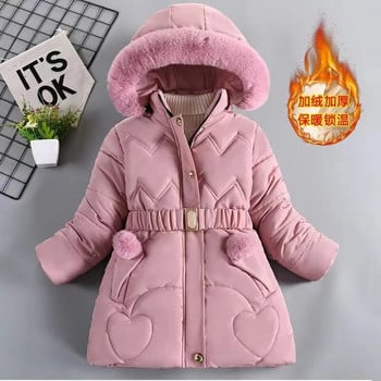 4 5 6 8 10 годишно зимно палто за момичета Топли удебелено детско яке с кожена яка с качулка и цип Връхни дрехи на принцеса Детски дрехи
