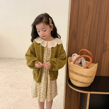 Детско облекло 2023 г., пролет, есен, ново модерно бебешко зелено издълбано плетено ежедневно удобно палто с жилетка