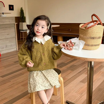 Детско облекло 2023 г., пролет, есен, ново модерно бебешко зелено издълбано плетено ежедневно удобно палто с жилетка