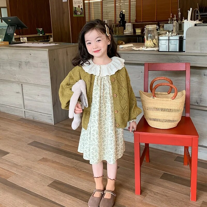 Lasteriided 2023. aasta kevad-sügis, uued moodsad tüdrukud, beebiroheline, õõnestatud, kootud vabaaja mugav kardiganmantel