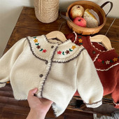 Gyermek pulóver kardigán 2023 őszi új koreai lányok kötött kabát baba gyerek ruha hímzett virágos retro kerek nyakú felső