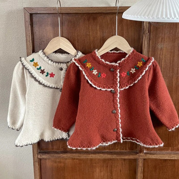 Детски пуловер Жилетка Есен 2023 г. Ново плетено палто за момичета Бебешко детско облекло Бродирано цвете Ретро горнище с кръгло деколте