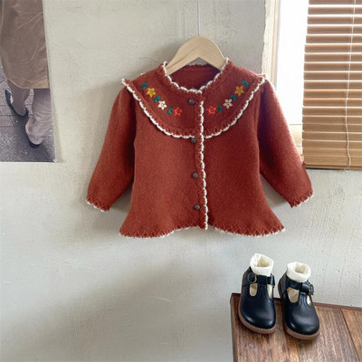 Gyermek pulóver kardigán 2023 őszi új koreai lányok kötött kabát baba gyerek ruha hímzett virágos retro kerek nyakú felső