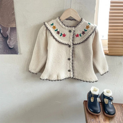 Gyermek pulóver kardigán 2023 őszi új koreai lányok kötött kabát baba gyerek ruha hímzett virágos retro kerek nyakú felső