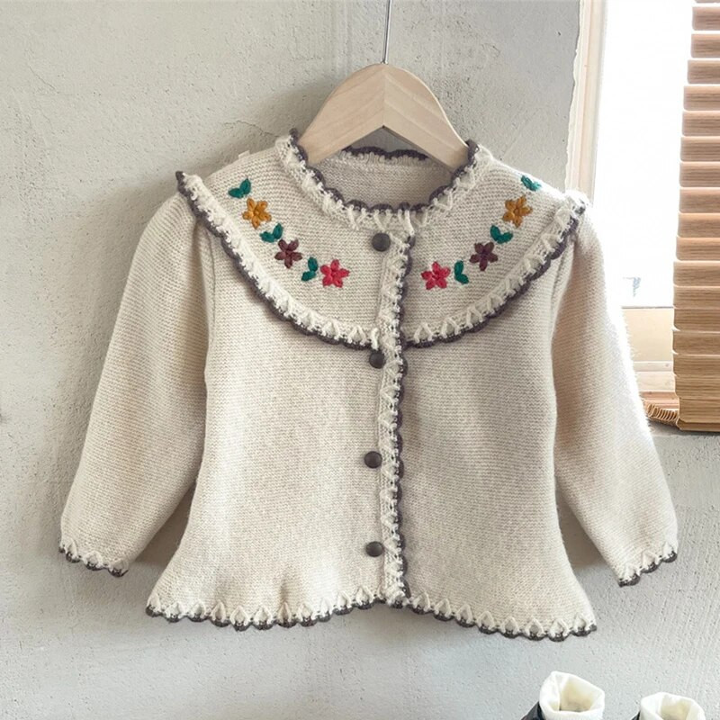 Gyermek pulóver kardigán 2023 őszi új koreai lányok kötött kabát baba gyerek ruha hímzett virágos retro kerek nyakú felső