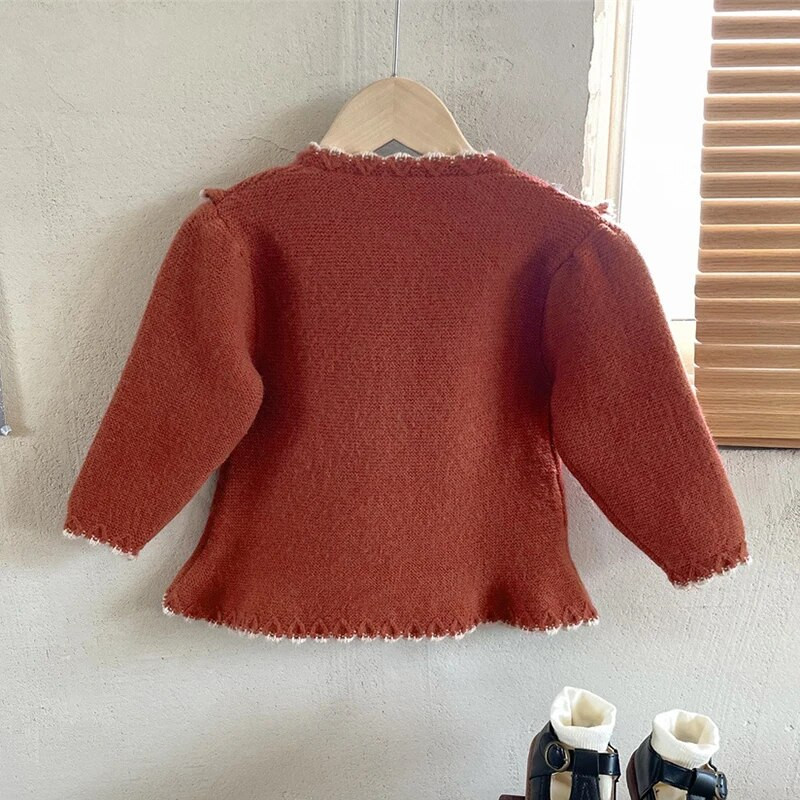 Gyermek pulóver kardigán 2023 őszi új koreai lányok kötött kabát baba gyerek ruha hímzett virágos retro kerek nyakú felső