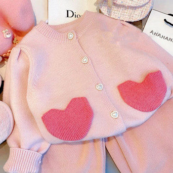 Яке с пуловер с жилетка за момичета Есенна корейска версия на 2023 г. Детска любов пачуърк Сладко бебешко детско палто Розов плетен пуловер