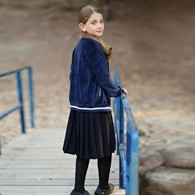 Παιδικό πουλόβερ 5t-16t μπλε βελούδινο μπουφάν σχολική στολή μπροστινό άνοιγμα με φερμουάρ ρούχα για αγόρι και κορίτσια φούτερ και στις δύο πλευρές