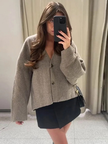 Κομψό μάλλινο μπουφάν σε ίσιο κόψιμο Γυναικείο κοντό παλτό με μονό στήθος μόδας V λαιμόκοψη 2023 Φθινόπωρο Chic Lady Εξωτερικά ρούχα γραφείου