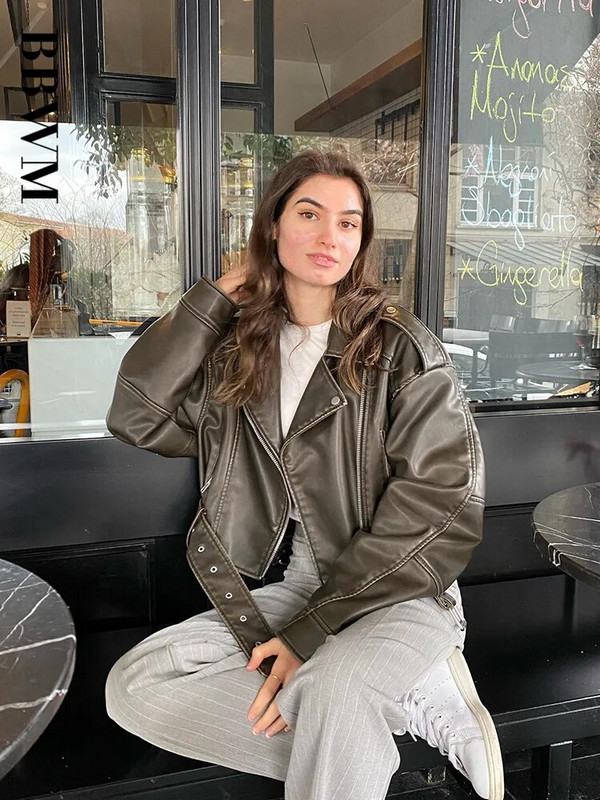 Dámska nadrozmerná vintage voľná krátka bunda z umelej kože s opaskom, streetwear, dámsky zips, retro motocykel, motorkársky kabát