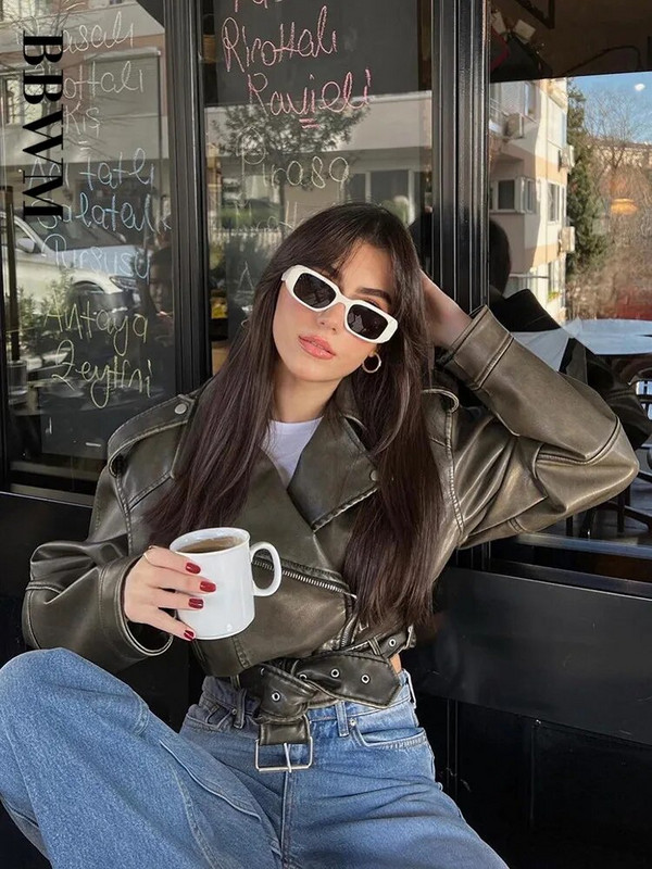 Dámska nadrozmerná vintage voľná krátka bunda z umelej kože s opaskom, streetwear, dámsky zips, retro motocykel, motorkársky kabát