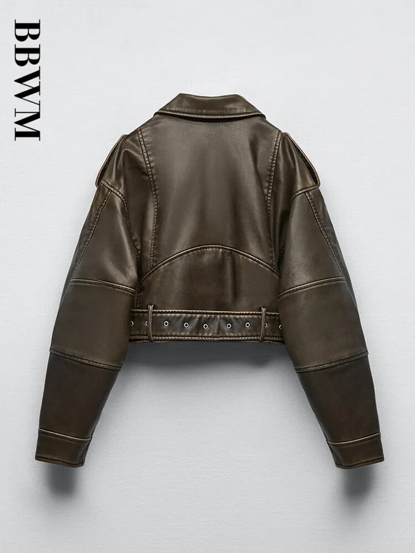 Dámska nadrozmerná vintage voľná krátka bunda z umelej kože s opaskom, streetwear, dámsky zips, retro motocykel, motorkársky kabát