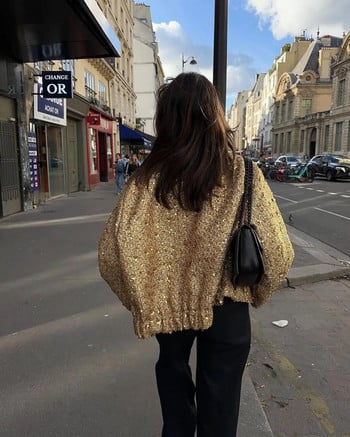 Тъкано яке с пайети в метален цвят за жени Свободно палто с дълги ръкави с яка и златно есенно-зимно шик на 2023 г.