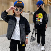 Detské oblečenie Chlapčenská džínsová bunda so zipsom, patchwork, 2023, jar, jeseň, kreslený film, úsmev, potlač písmen, módny ležérny top, 5-10