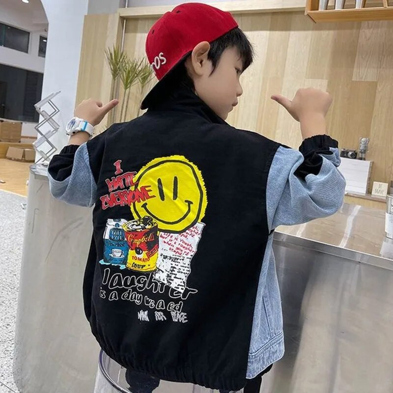 Detské oblečenie Chlapčenská džínsová bunda so zipsom, patchwork, 2023, jar, jeseň, kreslený film, úsmev, potlač písmen, módny ležérny top, 5-10