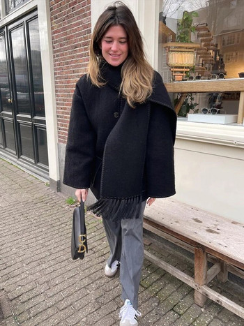 Елегантно свободно дамско палто с шал, модно едноредно джобно палто с дълъг ръкав, есенно-зимно дамско яке 2023 г.