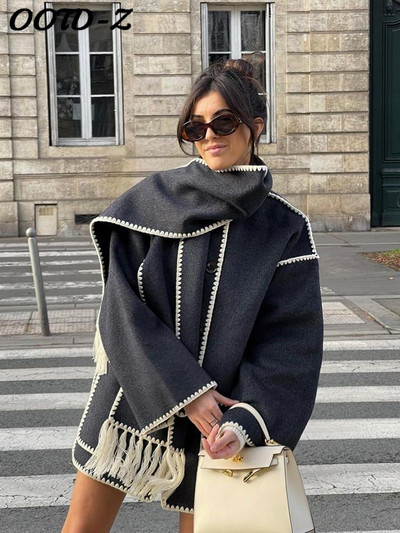 Елегантно свободно дамско палто с шал, модно едноредно джобно палто с дълъг ръкав, есенно-зимно дамско яке 2023 г.