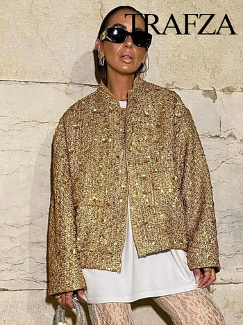 TRAFZA Γυναικείο γυαλιστερό μπουφάν με παγιέτες Y2k Χρυσό Χρώμα γιακάς Μακρυμάνικο Κοντό Παλτό Φθινοπωρινό Χειμώνα Γυναικεία Ψηλά Streetwear