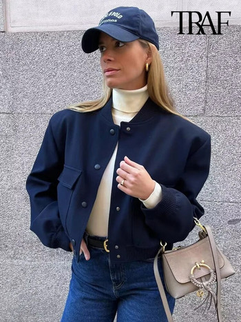 TRAF Дамска мода с джобове Бомбер яке Палта Винтидж Ежедневно дамско горно облекло с предни копчета с дълъг ръкав Шикозни топове
