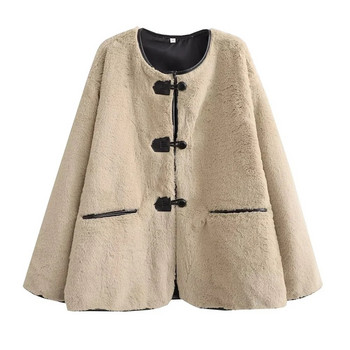 2023 Нова зимна дамска мода с кръгло деколте и дълъг ръкав Свободно прилепнало палто от изкуствена кожа Вълнено палто от агнешки косми