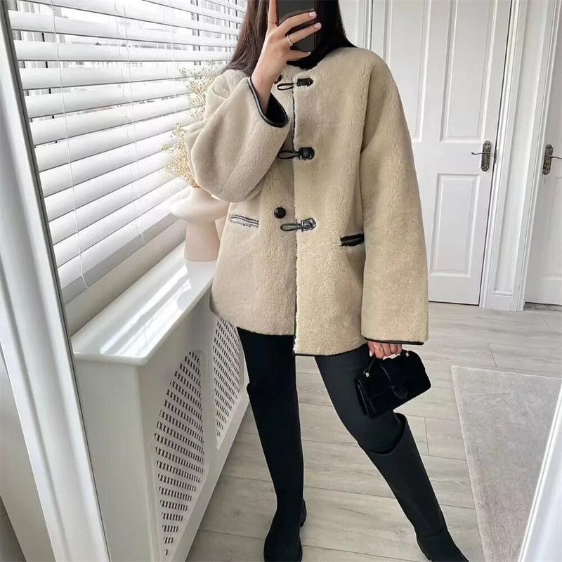 2023. aasta talv, uus naiste moe ümmargune kaelus, pikkade varrukatega, avaralt liibuv kunstlik karusnaha mantel, lambakarvadest osakeste villane mantel