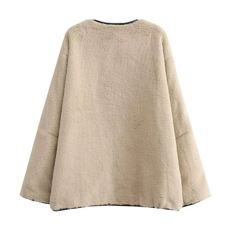 2023. aasta talv, uus naiste moe ümmargune kaelus, pikkade varrukatega, avaralt liibuv kunstlik karusnaha mantel, lambakarvadest osakeste villane mantel