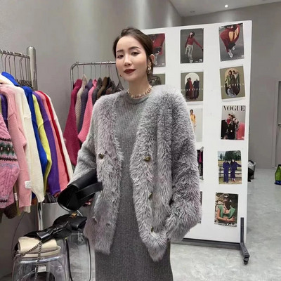 V formos iškirptė, dvieilis madingas Yangqi megztinis paltas, moteriškas temperamentas, trumpa striukė, moteriška rudens ir žiemos