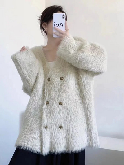 V formos iškirptė, dvieilis madingas Yangqi megztinis paltas, moteriškas temperamentas, trumpa striukė, moteriška rudens ir žiemos