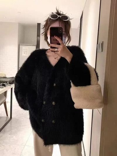 V formos iškirptė, dvieilis madingas Yangqi megztinis paltas, moteriškas temperamentas, trumpa striukė, moteriška rudens ir žiemos