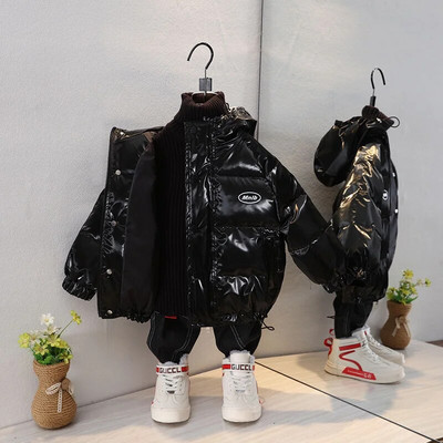 Moda Nouă Fată Băiat Îmbrăcăminte exterioară de iarnă Jachete îngroșate calde pentru bebeluși Paltoane cu imprimeu cu litere strălucitoare Îmbrăcăminte pentru copii Jachetă căptușită cu glugă