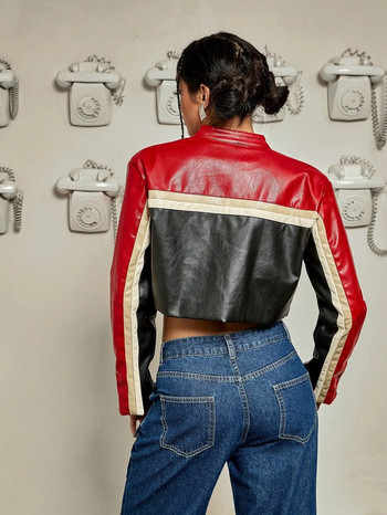 Γυναικεία μόδα Punk Bikercore Colorblock Zipper Studded Detail Crop PU Δερμάτινο μπουφάν Moto Y2K Ανοιξιάτικα κοντά πανωφόρια