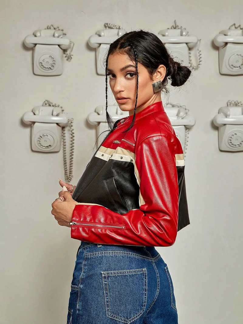 Naiste mood Punk Bikercore Colorblock tõmblukk naastrehviga PU-nahast motojope Y2K kevadised lühikesed ülerõivad