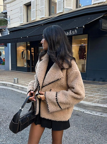 Μπουφάν με πέτο μαλλί για γυναίκες Με μακρυμάνικο χοντρό παλτό ζεστό τσεπάκι 2023 Φθινοπωρινή χειμερινή μόδα Γυναικεία ρούχα στο δρόμο
